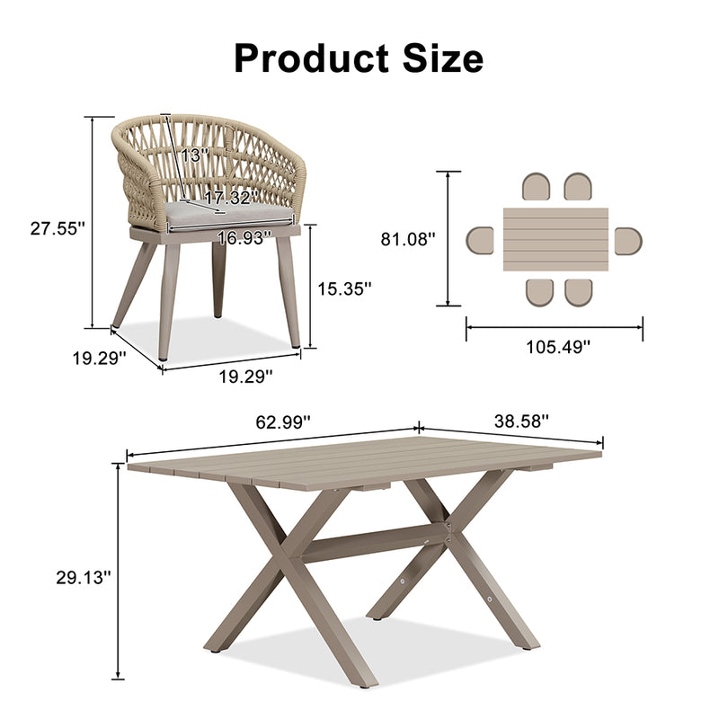 PURPLE LEAF Modern Outdoor Dining Table with 6/8/10 Seats, All-Weather Aluminum Table and Rattan Chairs with Cushions, Champagne
