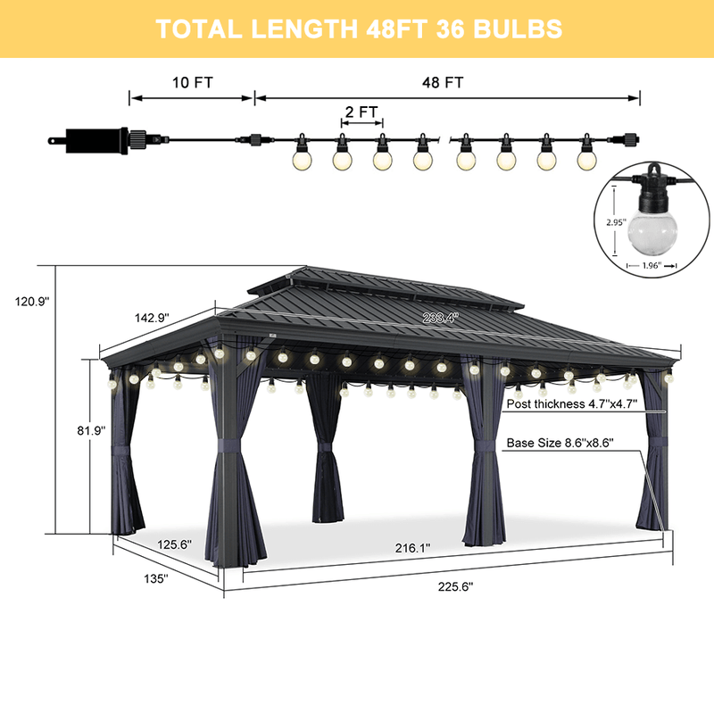 PURPLE LEAF Outdoor Hardtop Gazebo for Patio Grey Aluminum Frame Pavilion with Navy-Blue Curtain and String Lights