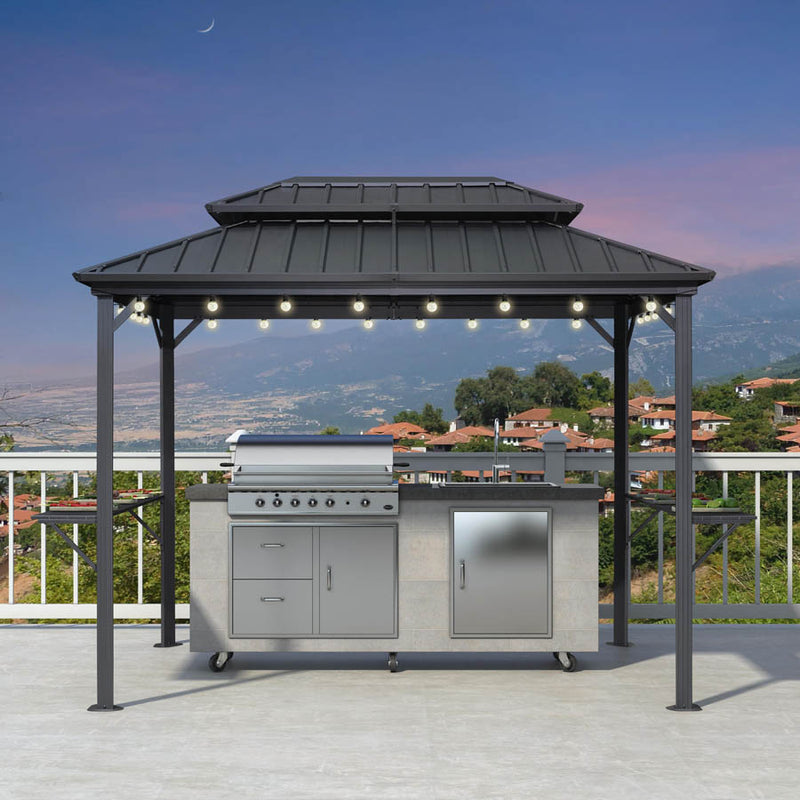 PURPLE LEAF Hardtop Grill Gazebo for Patio Grey Permanent Metal Roof Outside Sun Shade Outdoor BBQ Canopy with String Lights