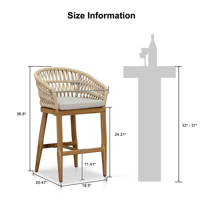 OPEN BOX I PURPLR LEAF Bar Stools Chair Set of 2, Rattan and Aluminum Frame with Comfortable Cushion