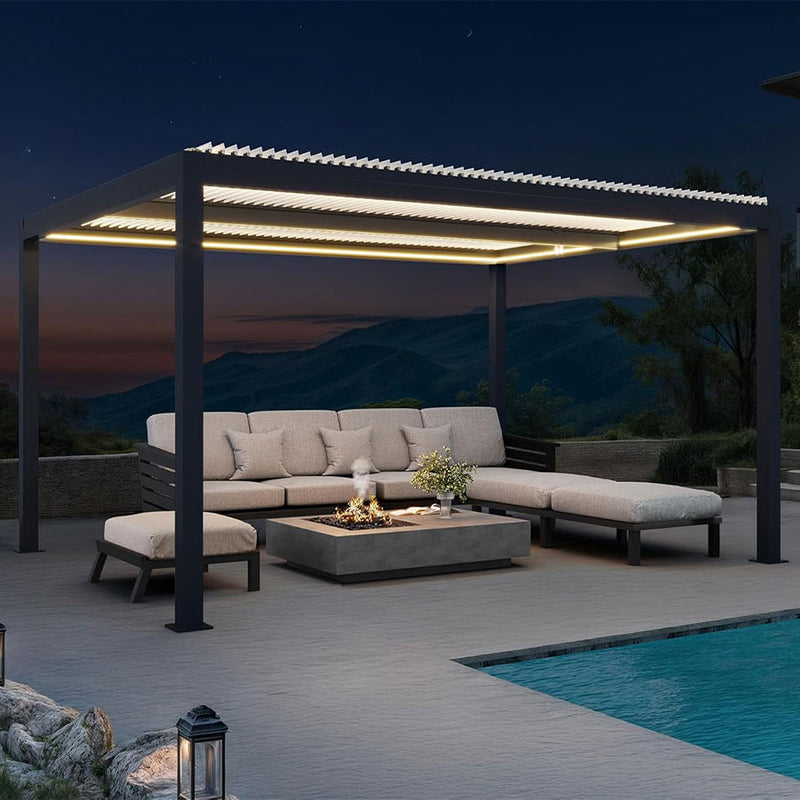 PURPLE LEAF Louvered Pergola Grey Outdoor Aluminum Pergola with Strip Lights Adjustable Gazebo for Patio Deck Garden