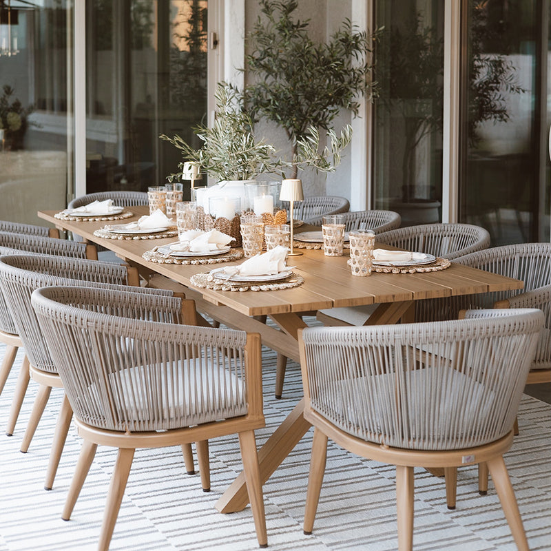 PURPLE LEAF Outdoor Dining Table Set All-Weather Aluminum with Wood Grain Table and Rope Woven Chairs Includes Backyard Patio Cushions