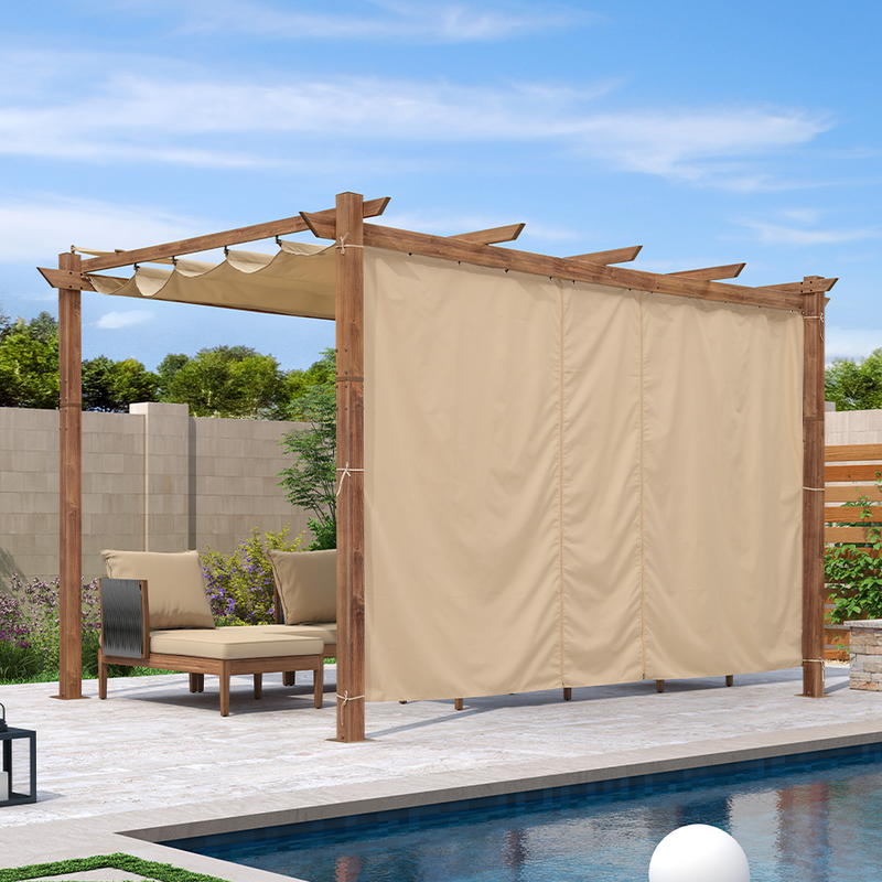 PURPLE LEAF Outdoor Retractable Pergola with Sun Shade Canopy In Natural Wood Grain Frame With Curtains