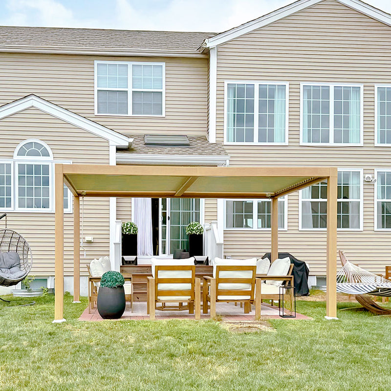 PURPLE LEAF Louvered Pergola Outdoor Wood Grain Aluminum Pergola with Adjustable Roof Patio Hardtop Gazebo for Backyard Garden
