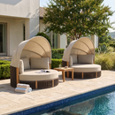 PURPLE LEAF Outdoor Round Daybed Chaise Lounge with Adjustable Canopy for Patio, Olefin fabric cover, thickened seat and back cushion, adjustable canopy, all weather aluminum frame, elegant wicker design