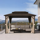 PURPLE LEAF Outdoor Hardtop Gazebo Bronze Metal Frame Galvanized Steel Double Roof with Lights-milky
