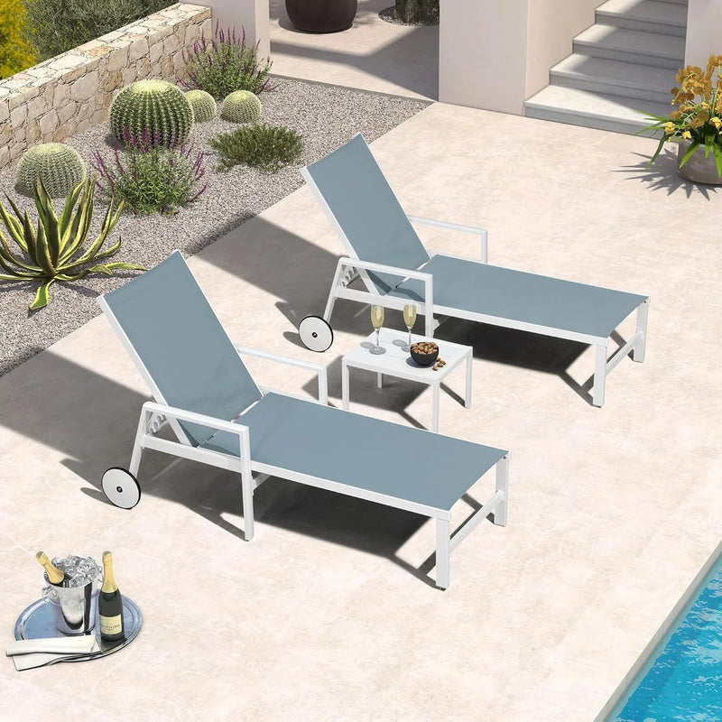 PURPLE LEAF Outdoor Chaise Lounge Chairs Set of 2 White Aluminum Lounge Chair Five-Position Adjustable Chaise with Wheels and Table for Pool Deck Patio