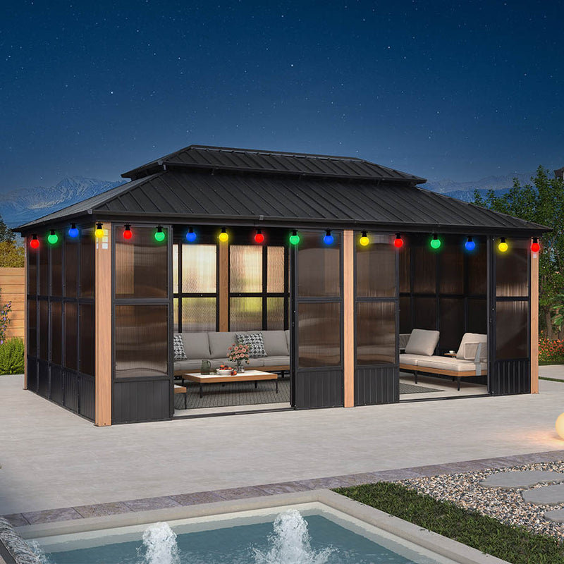 PURPLE LEAF Sunroom Hardtop Gazebo Solarium Wood Grain  Galvanized Steel Double Roof All-Weather Aluminum Outdoor Screen House with String Lights