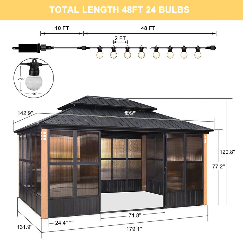 PURPLE LEAF Sunroom Hardtop Gazebo Solarium Wood Grain  Galvanized Steel Double Roof All-Weather Aluminum Outdoor Screen House with String Lights