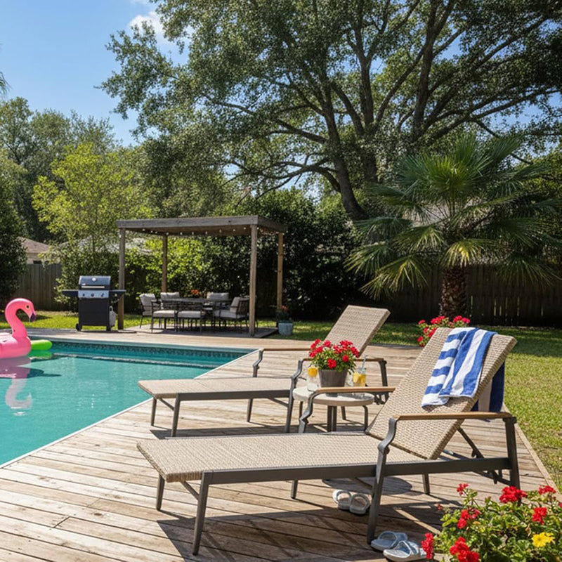 PURPLE LEAF Outdoor Chaise Lounge Chair Set of 2 Patio Pool Lounger Aluminum Chairs with Wooden Armrest Sunbathing Tanning Recliner for Outside Backyard White