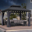 PURPLE LEAF Outdoor Hardtop Gazebo for Patio Grey Aluminum Frame Pavilion with Navy-Blue Curtain and String Lights