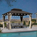 PURPLE LEAF Outdoor Hardtop Gazebo Bronze Metal Frame Galvanized Steel Double Roof with Lights-milky