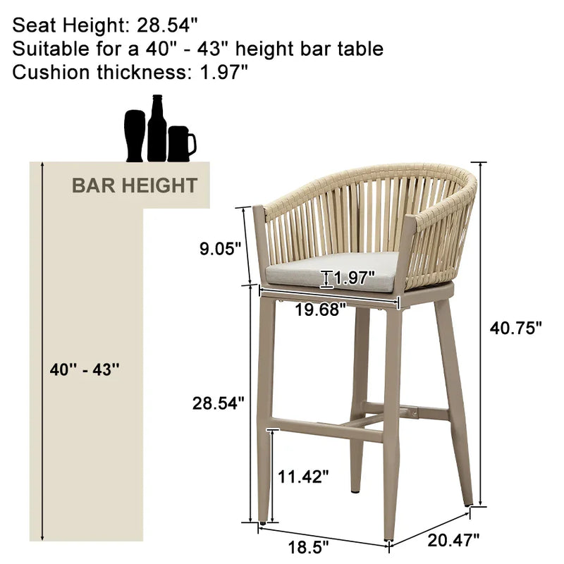 PURPLE LEAF Counter Stools, Bar Stools Set of 2 Rattan Bar Stools Wicker Bar Chairs Woven Aluminum Barstools with Back and Cushions