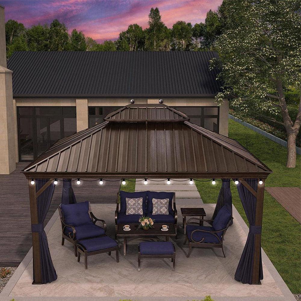 Bronze Aluminum Frame Hardtop Gazebo | Navy Curtains