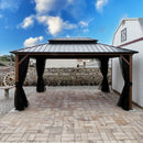 PURPLE LEAF Metal Gazebo Double Roof Wood Grain Aluminum Frame with Curtains and Netting