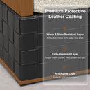 Black woven leather couch corner with wood accents. Features water/stain, fade, and anti-aging protective layers.