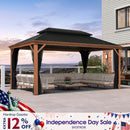 PURPLE LEAF Hardtop Gazebo for Patio Wood Grain Aluminum Frame Awning with Netting