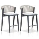 PURPLE LEAF modern bar stools set of 2, grey frame with woven back and gray seat.