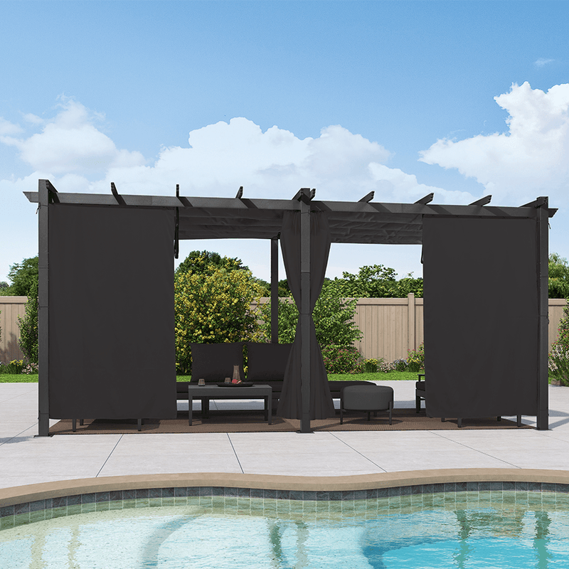 PURPLE LEAF Outdoor Pergola with Retractable Canopy Aluminum Shelter for Beach Porch Garden  Shade Pavilion Pergola  with Curtains