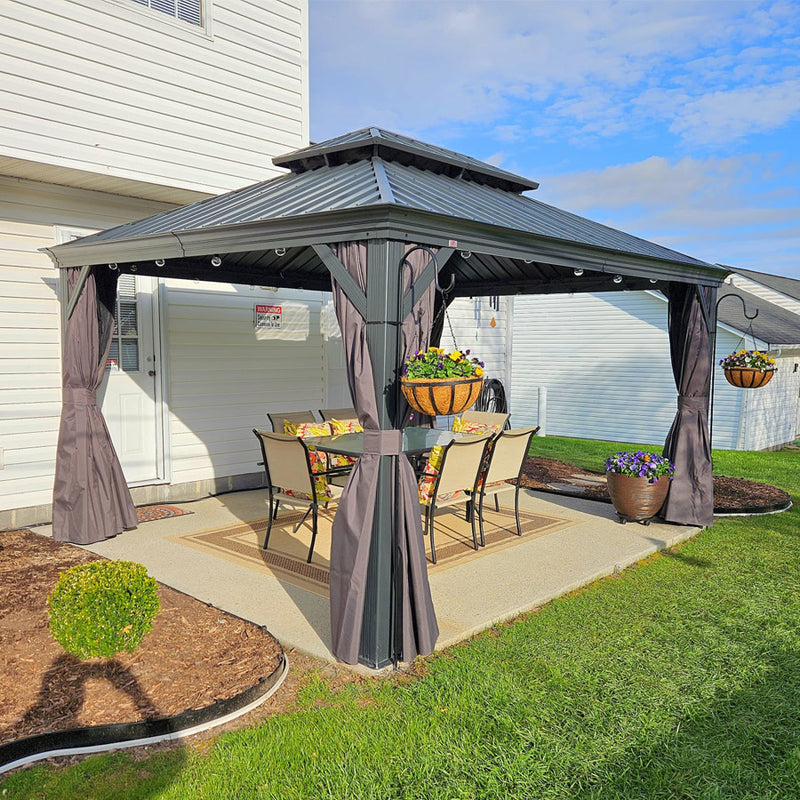 PURPLE LEAF Patio Gazebo for Backyard Grey Hardtop Galvanized Steel Roof Awning with Upgrade Curtain