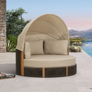 PURPLE LEAF Outdoor Round Daybed with Adjustable Canopy for Patio, Brown | Olefin fabric cover, thickened seat and back cushion, adjustable canopy, all weather aluminum frame, elegant wicker design