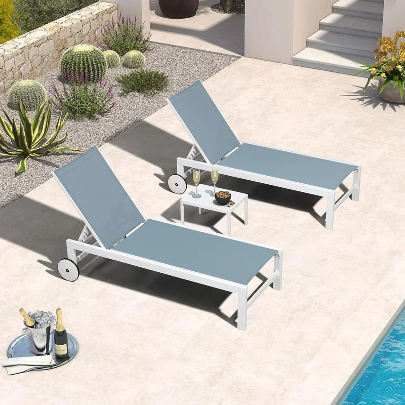 PURPLE LEAF Outdoor Chaise Lounge Chairs Set of 2 White Aluminum Lounge Chair Five-Position Adjustable Chaise with Wheels and Table for Pool Deck Patio