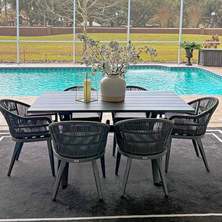 Purple Leaf Patio Dining Set 7 -Piece Gray Rattan Patio Dining Set Aluminum Rectangle Table with 6 Gray Cushions Stationary Chairs