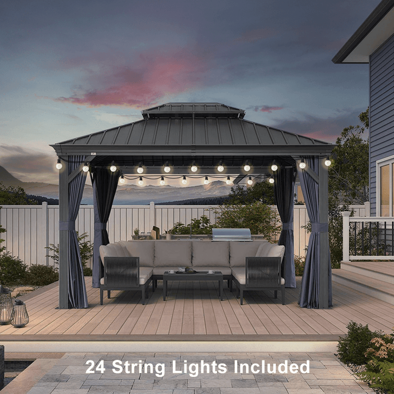 PURPLE LEAF Outdoor Hardtop Gazebo for Patio Grey Aluminum Frame Pavilion with Navy-Blue Curtain and String Lights