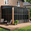 PURPLE LEAF Wall Mounted Sunroom Galvanized Steel Sloped Roof Lean-to Gazebo Aluminum Grey Frame Wood Grain Columns for Outdoor Home Extension with String Lights