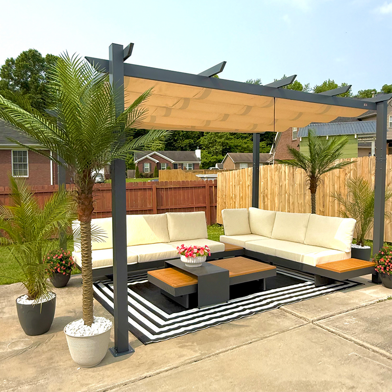PURPLE LEAF Outdoor Retractable Pergola with Sun Shade Canopy Patio Aluminum Pergola With Curtains