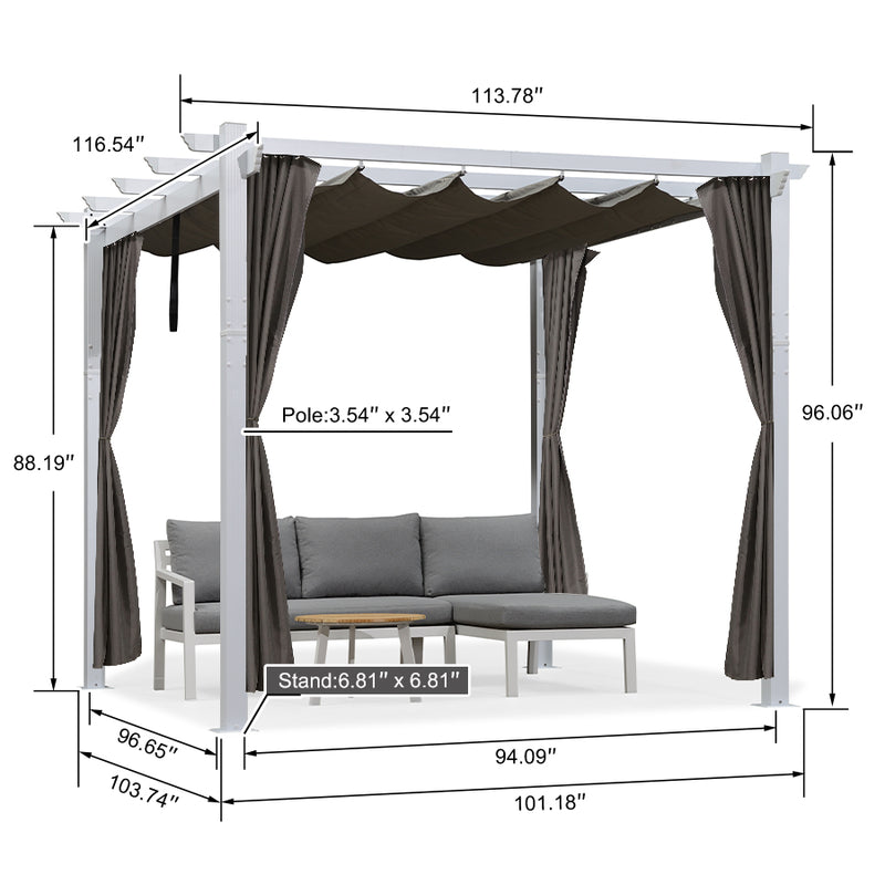 PURPLE LEAF Outdoor Retractable Pergola with Sun Shade Canopy Cover White Patio Metal Shelter for Garden With Curtains