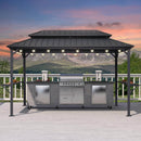 PURPLE LEAF Hardtop Grill Gazebo for Patio Grey Permanent Metal Roof Outside Sun Shade Outdoor BBQ Canopy with String Lights