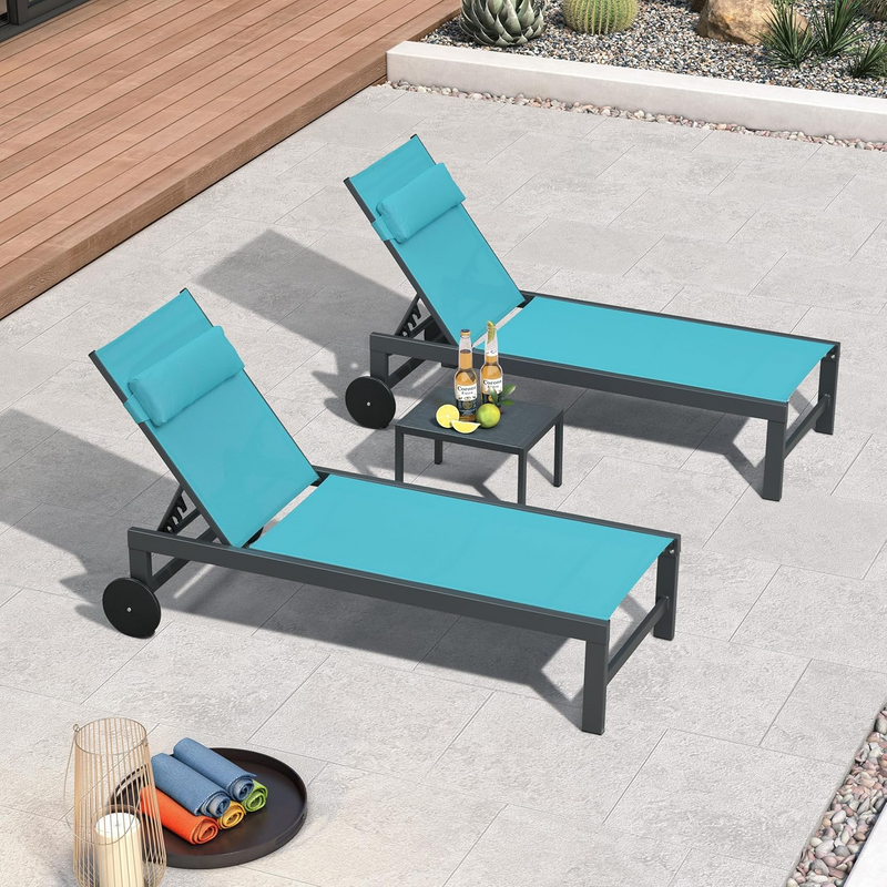 PURPLE LEAF Outdoor Lounge Chair Set of 3 Patio Chaise Pool Lounger Aluminum Frame with Side Table and Wheels for Outside Sunbathing Tanning Recliner Including Pillows