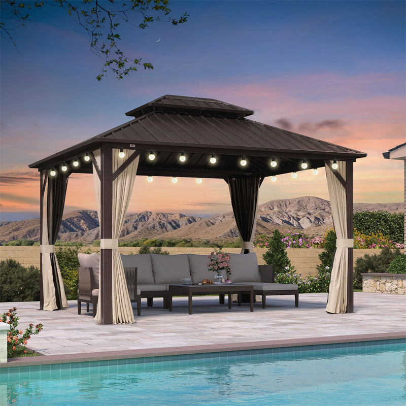 PURPLE LEAF  Outdoor Hardtop Gazebo Bronze Metal Frame Galvanized Steel Double Roof with Lights-clear