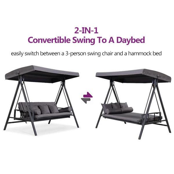 PURPLE LEAF Outdoor Patio Porch Swing Adjustable Backrest, 3-seat Swing Chair with Weather Resistant Steel Frame for Backyard ,Pillows Included