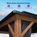PURPLE LEAF Metal Gazebo Double Roof Wood Grain Aluminum Frame with Curtains Netting and Reinforcement Support Rods