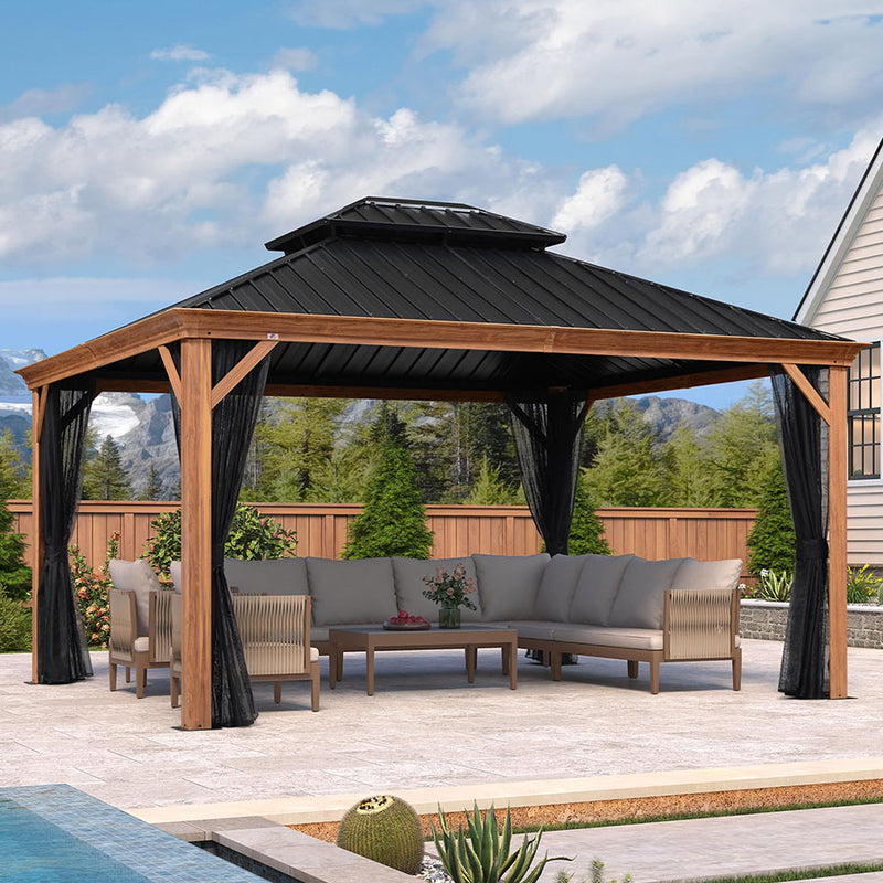 PURPLE LEAF Hardtop Gazebo for Patio Wood Grain Galvanized Steel Frame Awning with Netting