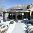 PURPLE LEAF Outdoor Hardtop Gazebo for Patio Bronze Aluminum Frame Pavilion with Navy-Blue Curtain and String Lights-clear