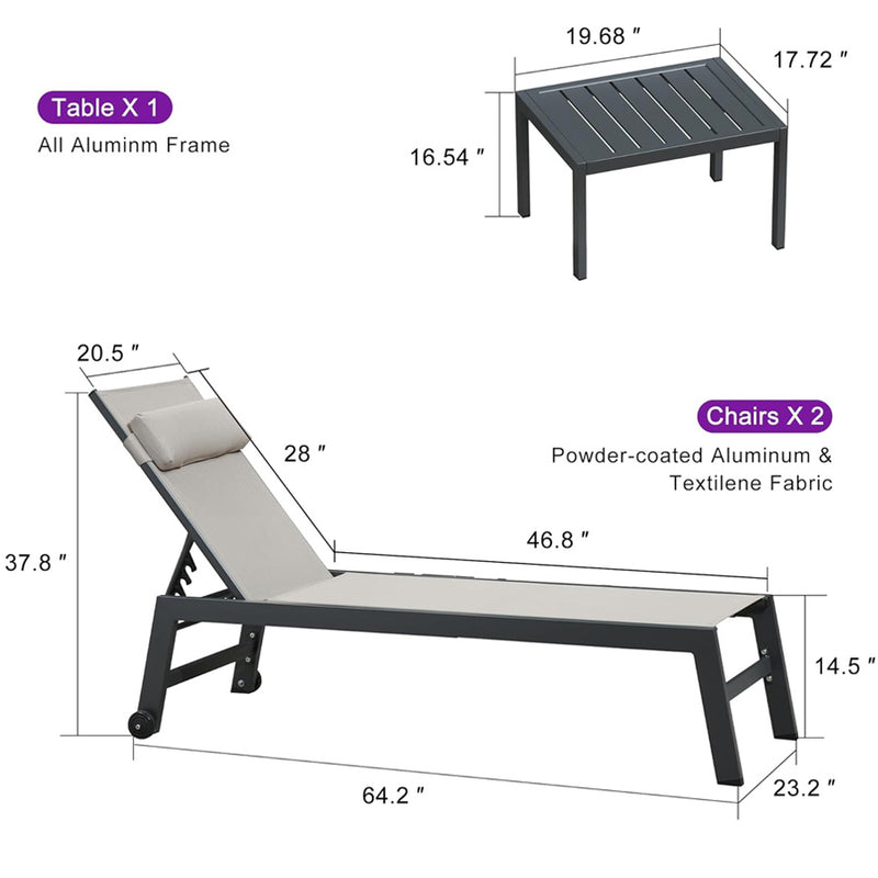 PURPLE LEAF Outdoor Lounge Chair Set of 3 Patio Chaise Pool Lounger Aluminum Frame with Side Table and Wheels for Outside Sunbathing Tanning Recliner Including Pillows