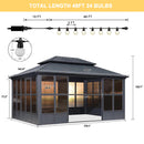 PURPLE LEAF Sunroom Hardtop Gazebo Solarium Grey Galvanized Steel Double Roof  All-Weather Aluminum Outdoor Screen House with String Lights