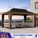 PURPLE LEAF Hardtop Gazebo for Patio Wood Grain Aluminum Frame Awning with Netting