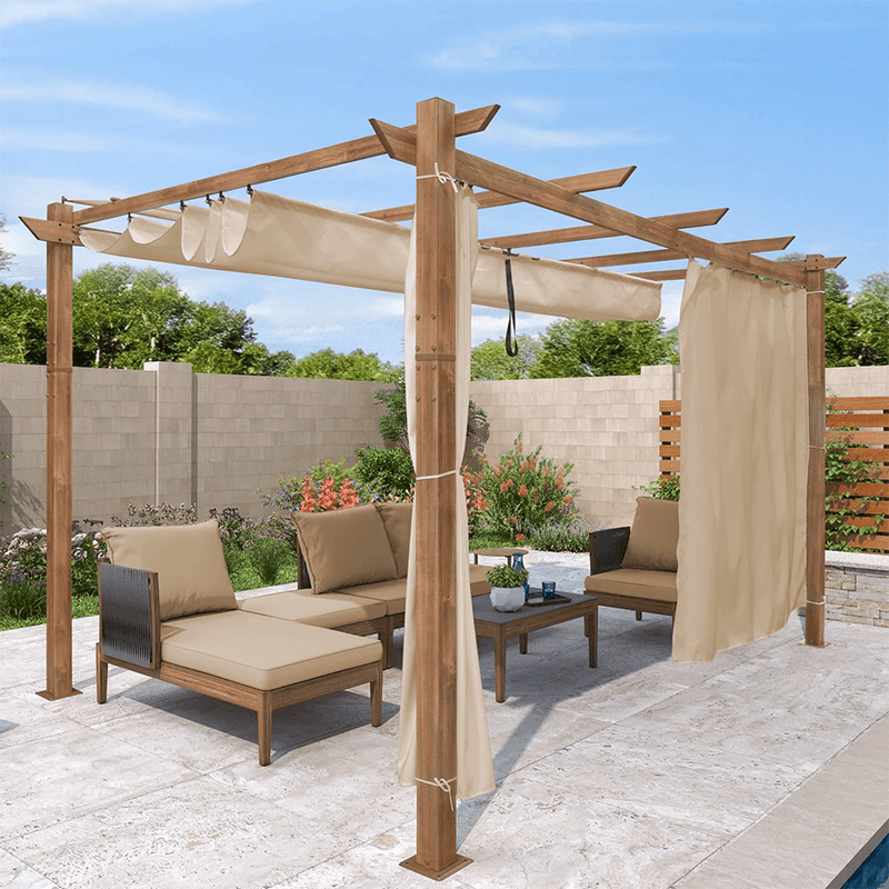 PURPLE LEAF Outdoor Retractable Pergola with Sun Shade Canopy In Natural Wood Grain Frame With Curtains