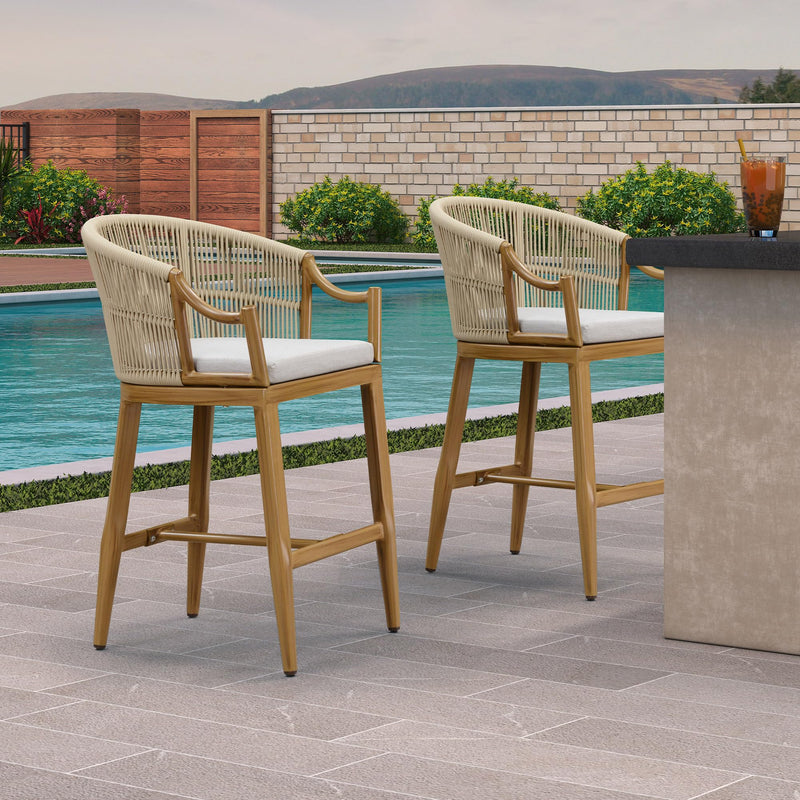 PURPLE LEAF Patio Bar Stools Set of 2 Outdoor Wicker Modern High Bar Chairs Metal Cushioned Barstools with Backs and Ergonomic Armrest for Balcony Garden Indoor Kitchen Island