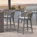 PURPLE LEAF Patio Bar Stools Set of 2 Outdoor Wicker Modern High Bar Chairs Metal Cushioned Barstools with Backs and Ergonomic Armrest
