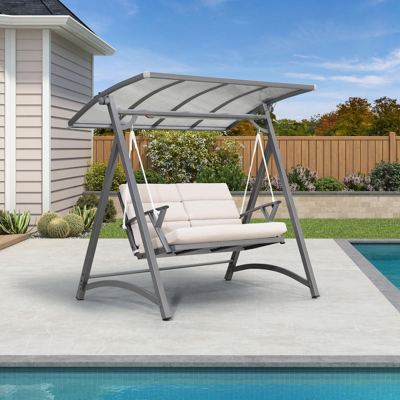 PURPLE LEAF Outdoor Deluxe Modern Swing Chairs with PVC Canopy, Swing for Patio Gadern Porch, Solar LED Light and Cushions Included