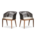 Two PURPLE LEAF outdoor dining chairs featuring brown wicker, beige cushions, and aluminum frame.