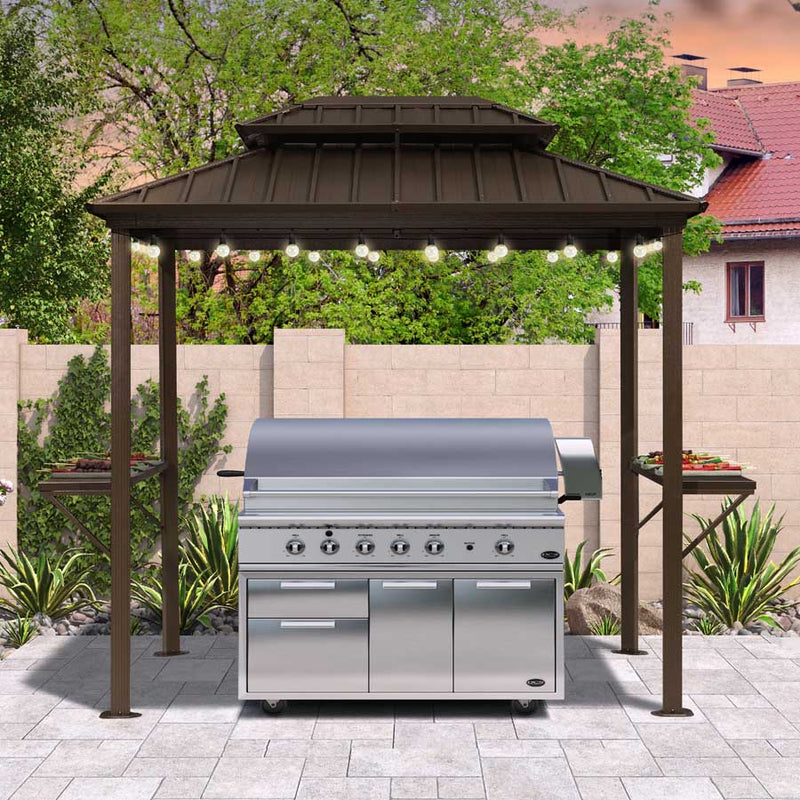 PURPLE LEAF Hardtop Grill Gazebo for Patio Bronze Permanent Metal Roof Outside Sun Shade Outdoor BBQ Canopy with String Lights