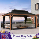 PURPLE LEAF Hardtop Gazebo for Patio Wood Grain Aluminum Frame Awning with Netting