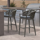 PURPLE LEAF Patio Bar Stools Set of 2 Outdoor Wicker Modern High Bar Chairs Metal Cushioned Barstools with Backs and Ergonomic Armrest