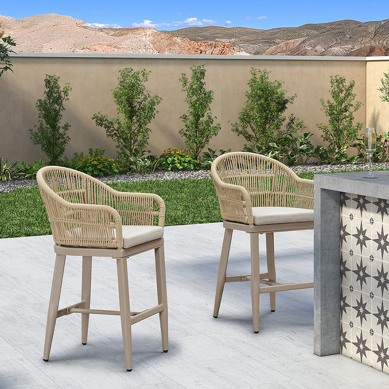 PURPLE LEAF Outdoor Bar Stools Set of 2 Rattan Bar Stools Counter Stools with Back and Cushions  for Patio, Garden, Kitchen